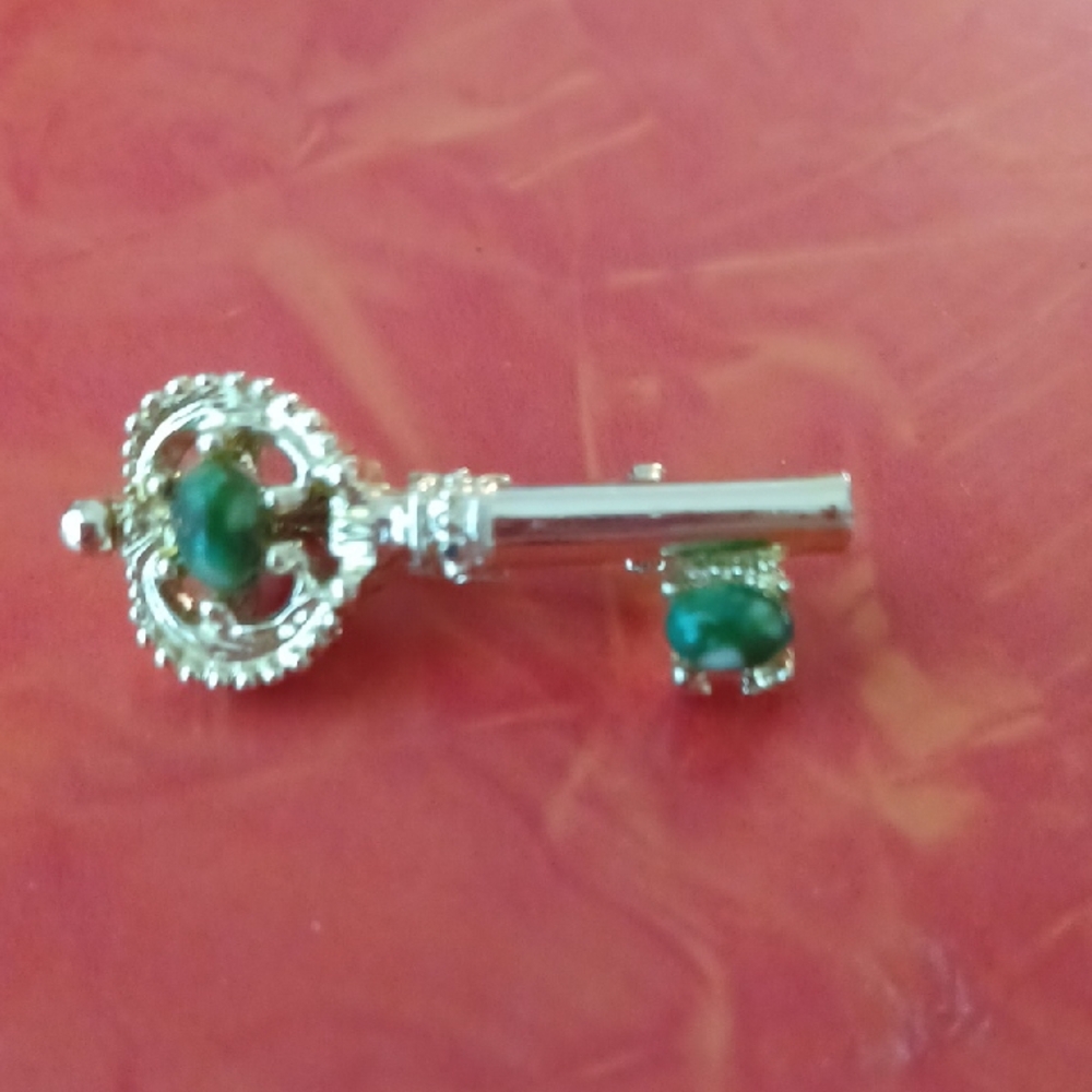 Signed Gerry Silver and Green Key Brooch Skeleton Key Brooch Silvertone